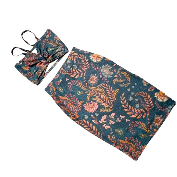 Averie Halley Midi Slit Skirt & Knotted Top Pink & Saffron Floral Leaves Set - Picture 12 of 13